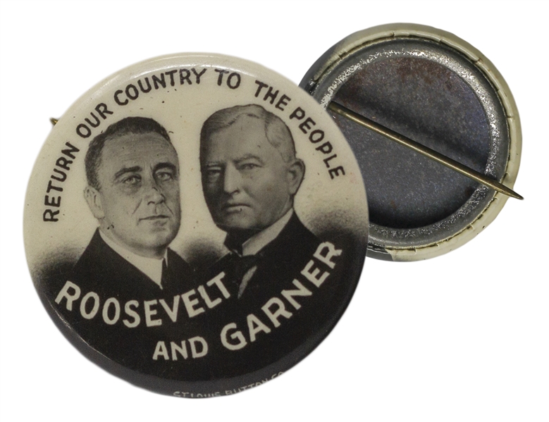 Franklin D. Roosevelt Photo Jugate Campaign Pin From 1932 -- ''Return Our Country to the People''